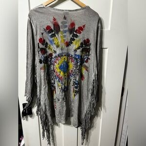 Vocal Gray Steer head feather rose Bling Fringe Kimono Cardigan